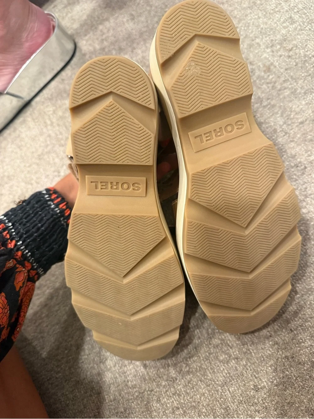 Sorel Metallic Tan Platform Sandal with Chunky Cream Sole